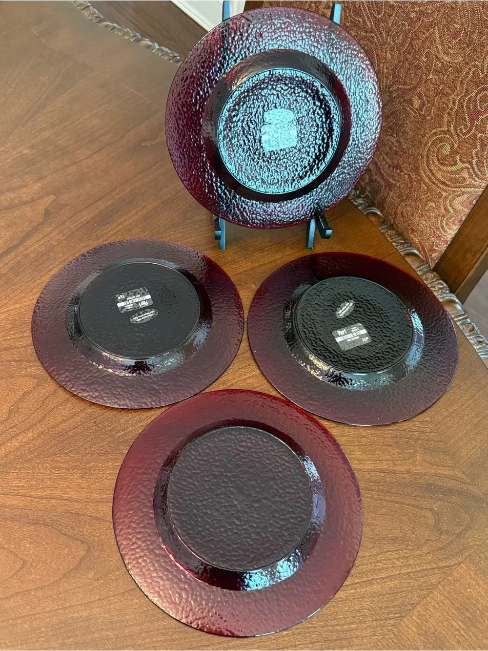 Set of 4 VTG Pier 1 Ruby Red Salad Plates - Smooth Mirror Top, Textured Bottom